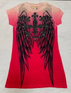 Wing Fleur Pink Ombre Rhinestone Sublimation Cap Sleeve Tee Top - Picture 1 of 2