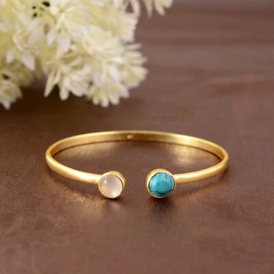 Brazalete Redondo Azul Turquesa y Cuarzo Rosa, Brazalete Dos Piedras, Chapado en Oro 14K Foto 1 de 4