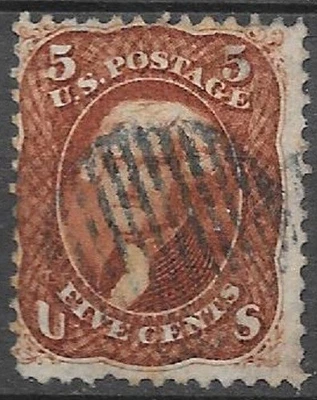 USA 1861 5c Jefferson red brown Scott #75 nice used stamp + grid cancel see scan - Image 1 of 2