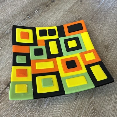 Стеклянная пластина с предохранителем цветная ретро геометрическая квадратная тарелка 10 дюймов современное искусство - Изображение 1 из 4