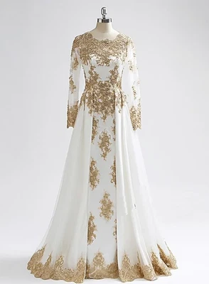 White And Gold Wedding Dresses Long Sleeves Jewel Neck Lace Appliques Crystal - Image 1 of 4