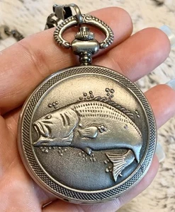 Bass Fish Silver Tone Pocket Watch w Clip, #7 Needs Reattached, Needs New Batt - Picture 1 of 8