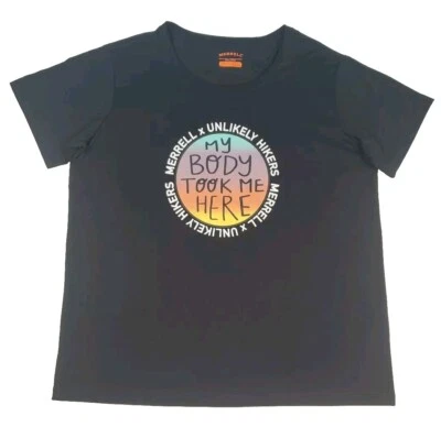Merrell x Unlikely Hikers Women's S/S T-Shirt Tee "My Body Took Me Here" NEW! - Image 1 of 4
