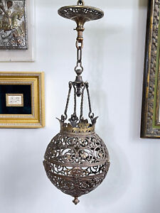 RARE Oscar Bach Bronze Segar Studio Globe Hanging Lamp Light Art Deco Pendant NY