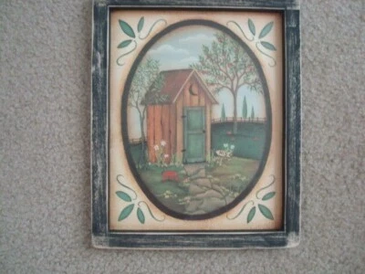 Primitive Country Print **HIS** OUT HOUSE black hand made frame 9"x 11"  - Image 1 of 2