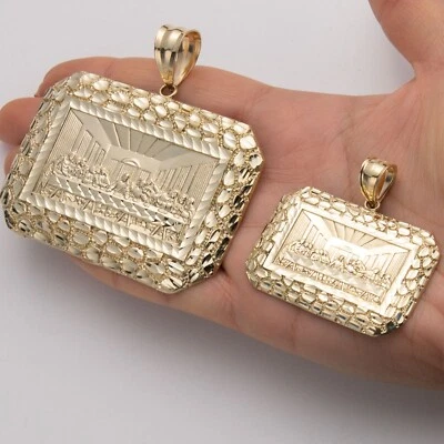 Rectangle Last Supper Textured Nugget Charm Pendant Real Solid 10K Yellow Gold - Image 1 of 4