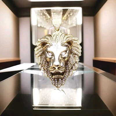 Dije colgante Leo cabeza de león con piedras preciosas de circonita cúbica de oro amarillo sólido de 10K 2" Foto 1 de 4