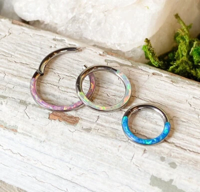 1pc Solid Titanium Opal Front Edge Hinged Segment Ring Septum Clicker Daith Hoop - Image 1 of 4