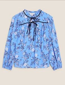 Per Una (M&S) Blue Floral Tie Neck Boho Blouson Sleeve Blouse Size 10 - Picture 1 of 16