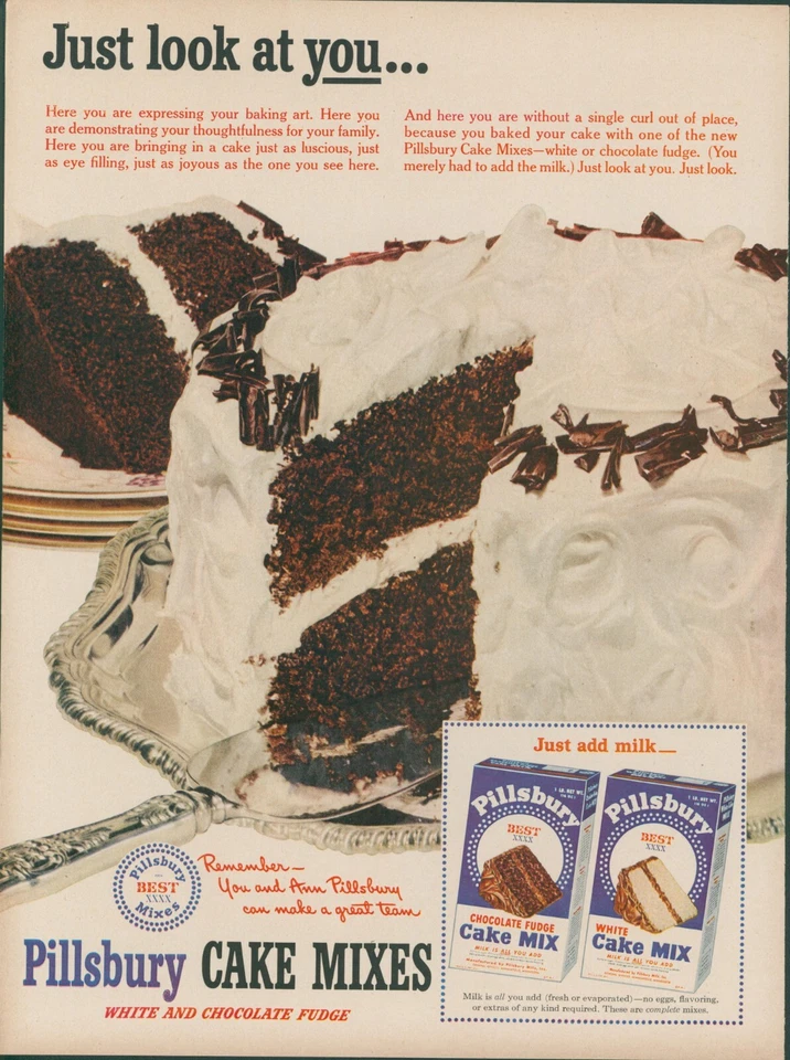 1953 Pillsbury Cake Mixes Chocolate Fudge Blanco Hornear Arte Anuncio Completo L40 Foto 1 de 1