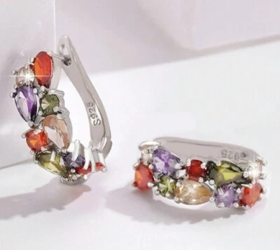 NEW 💞GORGEOUS SILVER-PLATED COLOURFUL CRYSTAL HUGGIE  EARRINGS GIFT CUFF - image 1 of 4