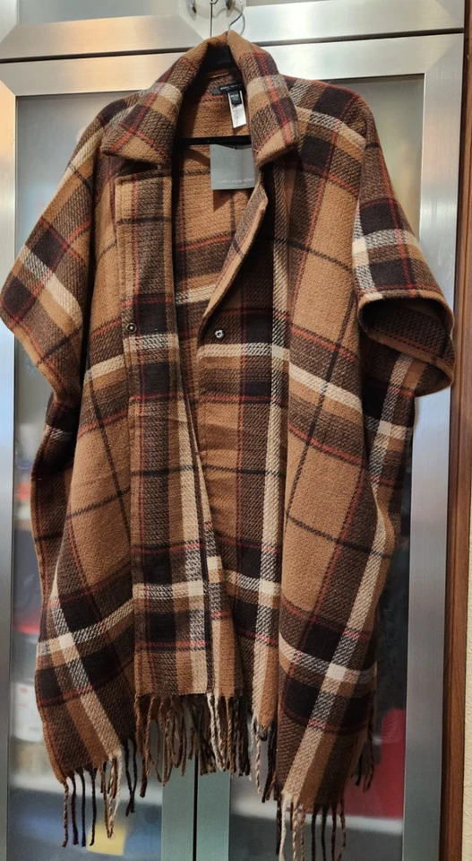Poncho suéter Marc New York para mujer talla única marrón/bronceado a cuadros con capa 35" de largo Foto 1 de 4