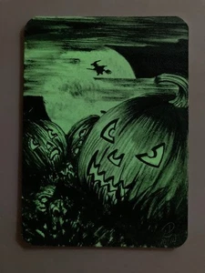 "GLOW IN THE DARK!" ORIGINAL GEMÄLDE ACEO SKIZZENKARTE HALLOWEEN JACK-O-LANTERN! - Bild 1 von 2