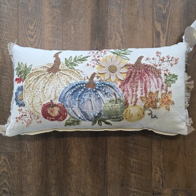 Embroidered Beaded Pumpkin Lumbar Pillow 14x28 Feather Filled Fall Harvest Decor - Image 1 of 4