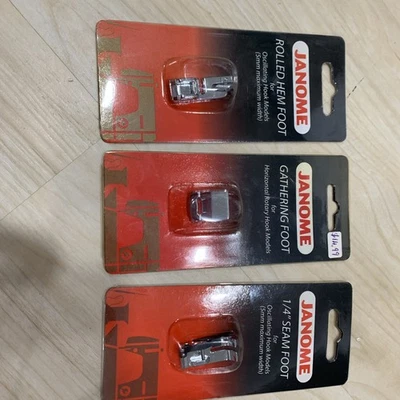 3 Packs JANOME Sewing Foot Parts, Rolled Hem Foot, Gathering Foot, 1/4 Seam Foot Foto 1 de 4