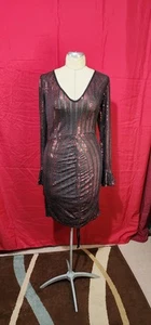 Elegante Nuevo Vestido Club Mujer Mangas Largas Profundo Cuello en V Lentejuelas Retazos Bodycon - Imagen 1 de 4