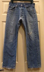 Levis 501XX Button Fly Jeans Herren 31x27 blau gerades Bein-DISTRESSED-LÖCHER-QD - Bild 1 von 15