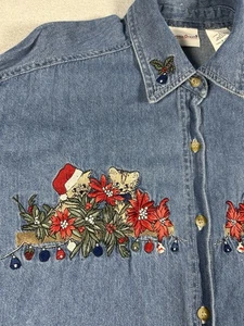 Vintage Damen 90er Weihnachten bestickt Denim Shirt Kätzchen Katzen LARGE 12/14 - Bild 1 von 6