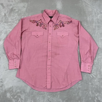 Vintage Champion Western Shirt Mens 17-34 Embroidered Rodeo Pink 70s *Stain* - Image 1 of 4