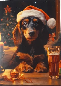 Christmas funny card - a dog with a red hat          #CH835 - Picture 1 of 1