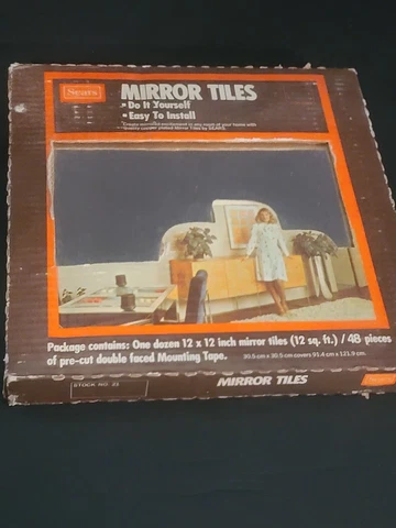 NEW IN BOX Vintage Box of 12 Sears Mirror Tiles 12" x 12" Double Back Tape Cover
