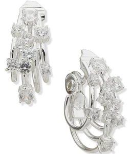 Anne Klein Womens Silver Tone Cubic Zirconia Cluster Stone Hoop Clip Earrings - Picture 1 of 5