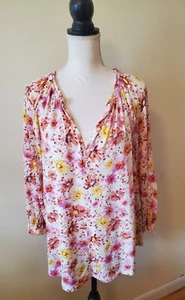 Style & Co Women's XL Cotton Blend Top Tunic V-Neck 3/4 Sleeve Floral Multicolor - Picture 1 of 17