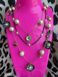 Betsey Johnson Vintage Secret Garden Glass Pearl Black Pansy Flower AB Necklace - Picture 1 of 8