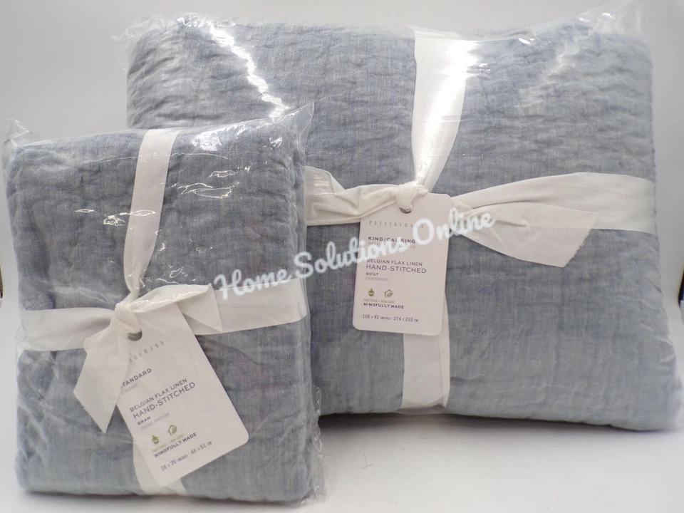 Pottery Barn Belgian Flax Linen Handcrafted King Quilt W/ 2 Shams Chambray #312a