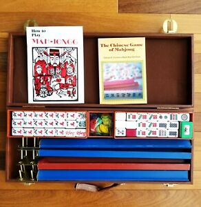 Vintage Mahjong Set 166 Tiles Red White 4 Trays 2 Books Playing Pieces 