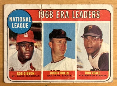 1969 Topps "1968 ERA Leaders" Bob Gibson Bobby Bolin Bob Veale #8 arrugado pobre Foto 1 de 4