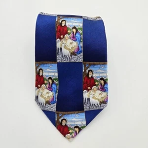 John Ashford Mens 100% Silk Blue Neck Tie Nativity Scene Manger Christmas Church - Picture 1 of 7