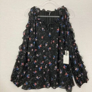 New 1. State Black Multi Color Floral Ruffle Cold Shoulder Chiffon Blouse 1X - Picture 1 of 10
