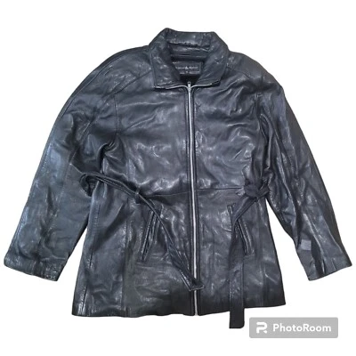 Chaqueta de cuero forrada negra con cinturón Knoles & Carter talla XL para mujer tiene daños  Foto 1 de 4