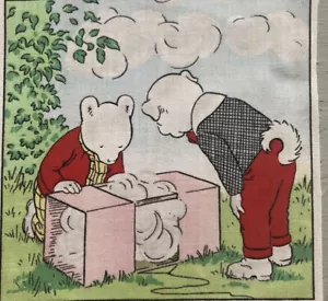 Vintage 1970’s Rupert The Bear Cotton Panel 19cm sq Rupert &Algy Kite with Cloud - Bild 1 von 2
