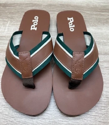 Chanclas Polo Ralph Lauren Para Hombre De Colección Cuero Perno Tostado/Nuevo Bosque NUEVO - 9D Foto 1 de 4
