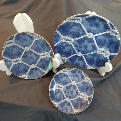 Antique Nautical Rope And Knots Ceramic White Blue Plates, Gold Trim 3 Pieces - Изображение 1 из 4