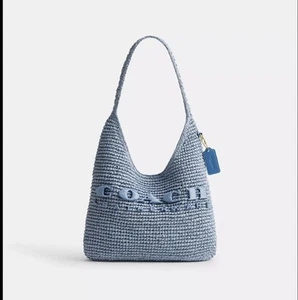 COACH Brooklyn Shoulder Bag 28 Blue CAL97 B4/BL Japan Exclusive Straw Hobo Bag - Picture 1 of 13