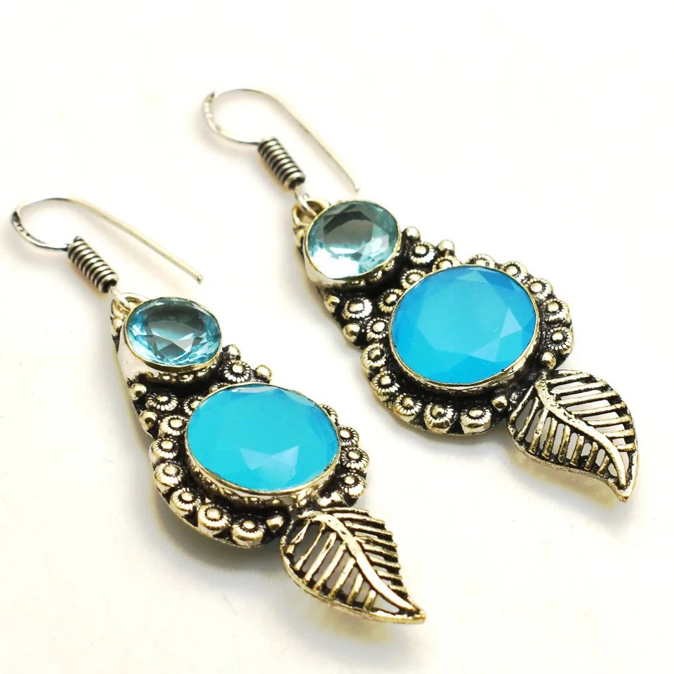 Pendientes colgantes hechos a mano con piedras preciosas de topacio azul opalita joyería 3" AE-98823 Foto 1 de 1