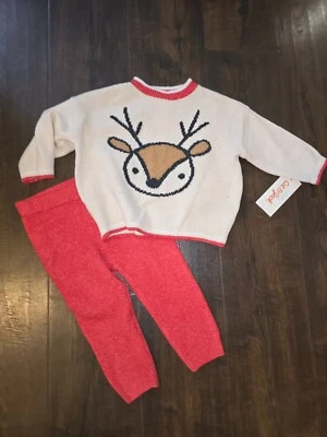 Cat & Jack 0-3 3-6 Meses Rojo Crema Reno Tejido Suéter Pantalones Navidad Conjunto Foto 1 de 4