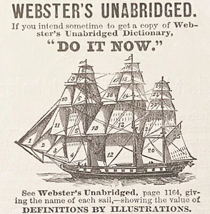 Diccionario WEBSTER'S ÍNTEGRO 1881 Anuncio impreso antiguo ~ Ilustración de barco de vela - Imagen 1 de 2