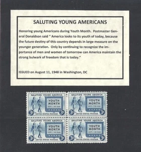 #963 - 1948 SALUTING YOUNG AMERICANS - Bloque de 4 estampillas como nuevas de EE. UU. - Imagen 1 de 1