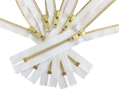 4" to 36" Metal Zippers- YKK #5 Closed Bottom Brass Teeth 5pcs Black or White - Image 1 of 4