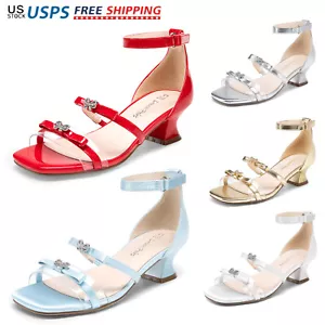 Girls Kids Chic Dress Sandals Ankle Straps Wedding Party Princess Heeled Sandals - Picture 1 of 37