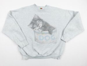 Vintage Cat Sweatshirt Mens Large Gray Crewneck Kitten Animal Sweater Pullover