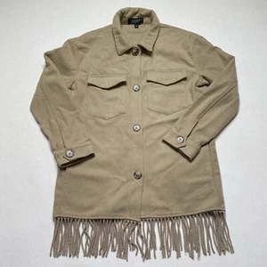 Laundry by Shelli Segal Women's Fringe Shacket M Tan Pocket Boho Shirt Jacket - Picture 1 of 6