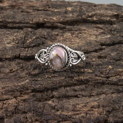 Oval Pink Opal Turquoise 925 Sterling Silver Promise Bezel Set Band Ring Jewelry - Image 1 of 4