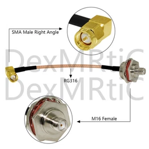 1PC M16 żeńskie gniazdo na wtyczkę męską SMA kąt prosty RA pigtail kabel RG316 15cm NOWY - Zdjęcie 1 z 5