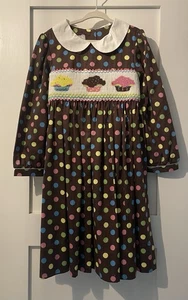 Marmellata Smocked Cupcake Brown Dress Polka Dot Long Sleeved Girl’s Size 6 EUC - Picture 1 of 8