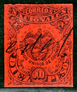 COLOMBIA Stamp Scott.65 10 Peso Black/Vermilion (1870) HIGH VALUE c$67+ OGREEN29 - Picture 1 of 6